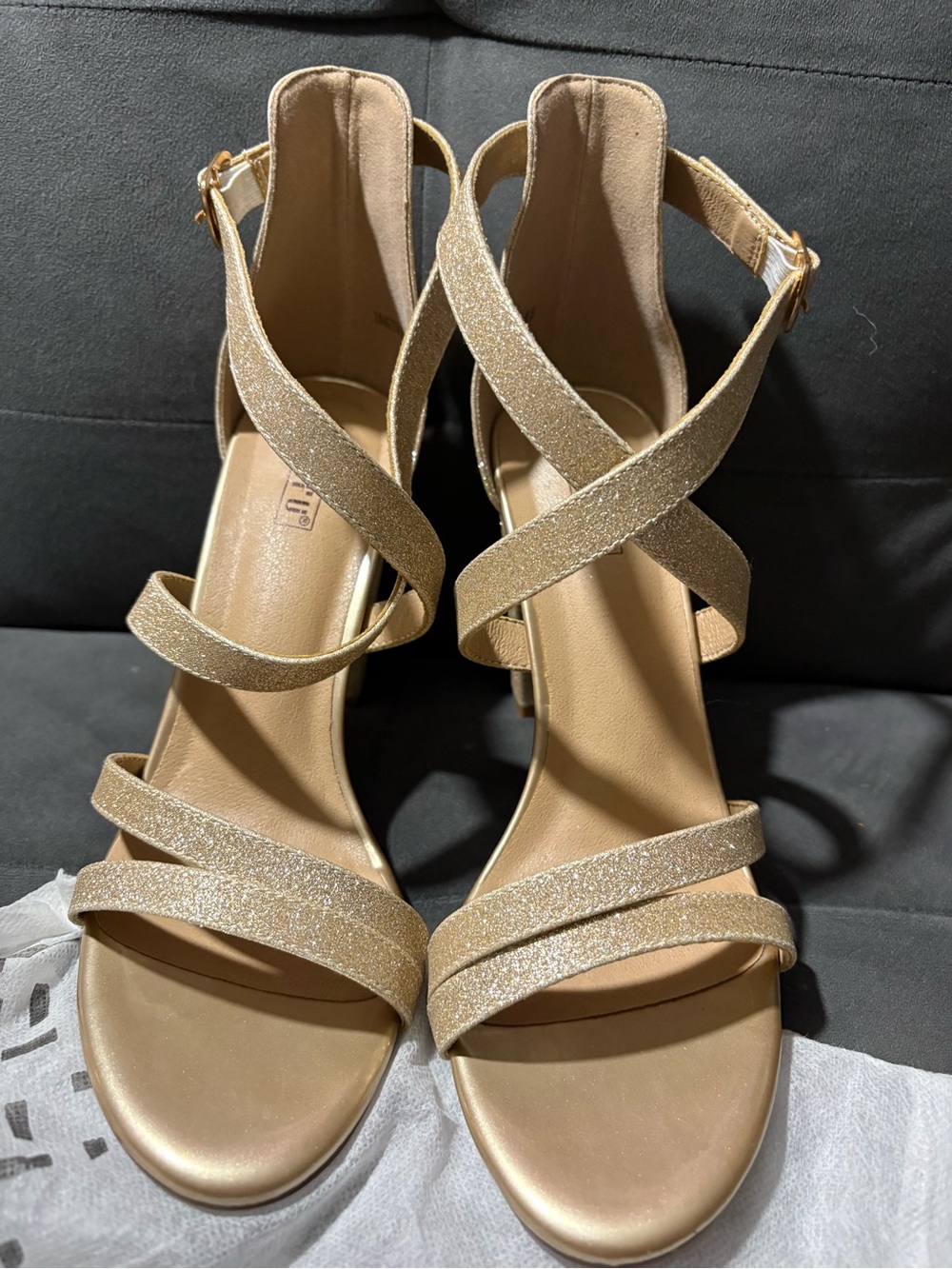 Idifu Women's 8.5  Gold Shinny  sparkle glitter High Block Heel Shoes Wedding